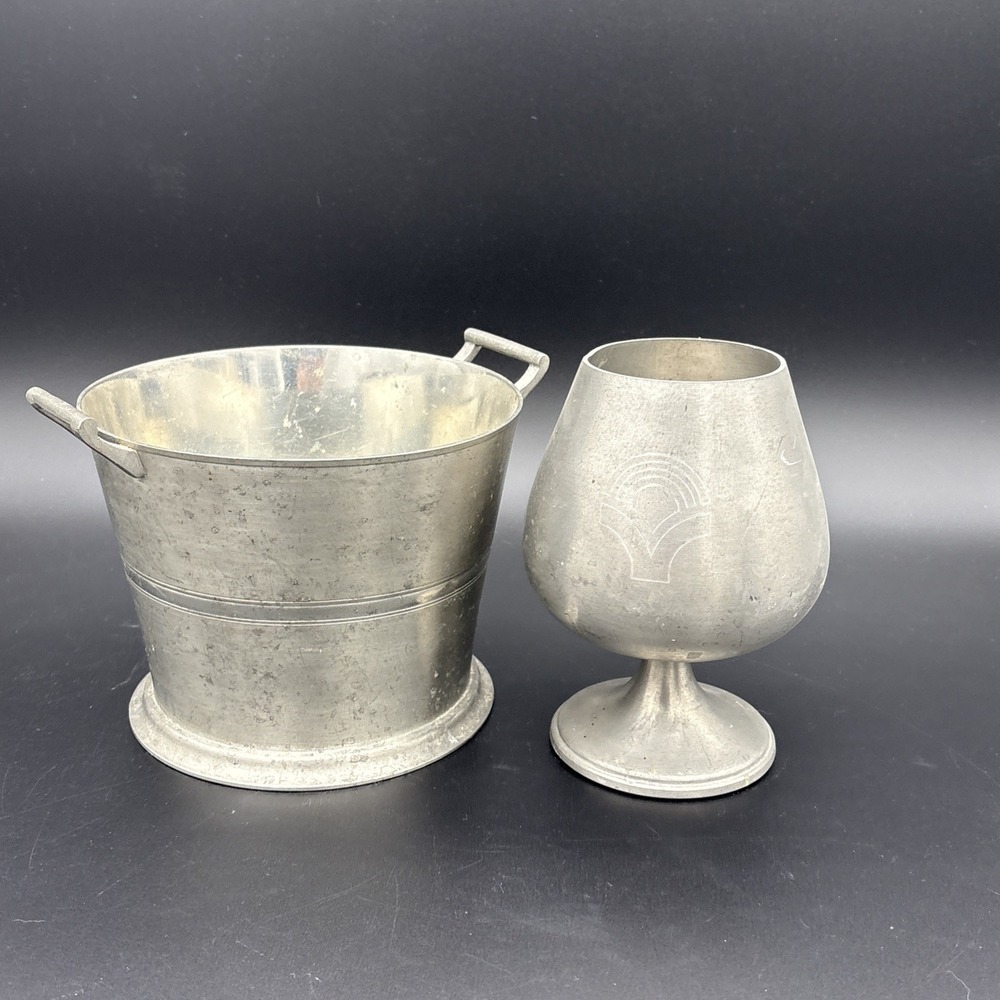 Vintage Mid Cetury Pewter Bar Set - Brazil Ice Bucket & Jostens Goblet